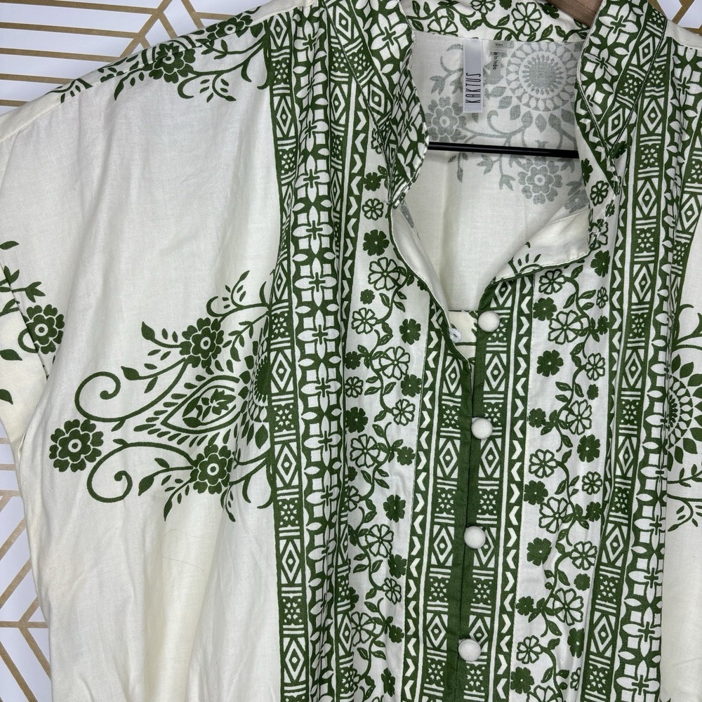 Kaktus Shirt Dress Medium Ivory Green Floral Cotton Belted Button Midi Boho Cap - Picture 3 of 11